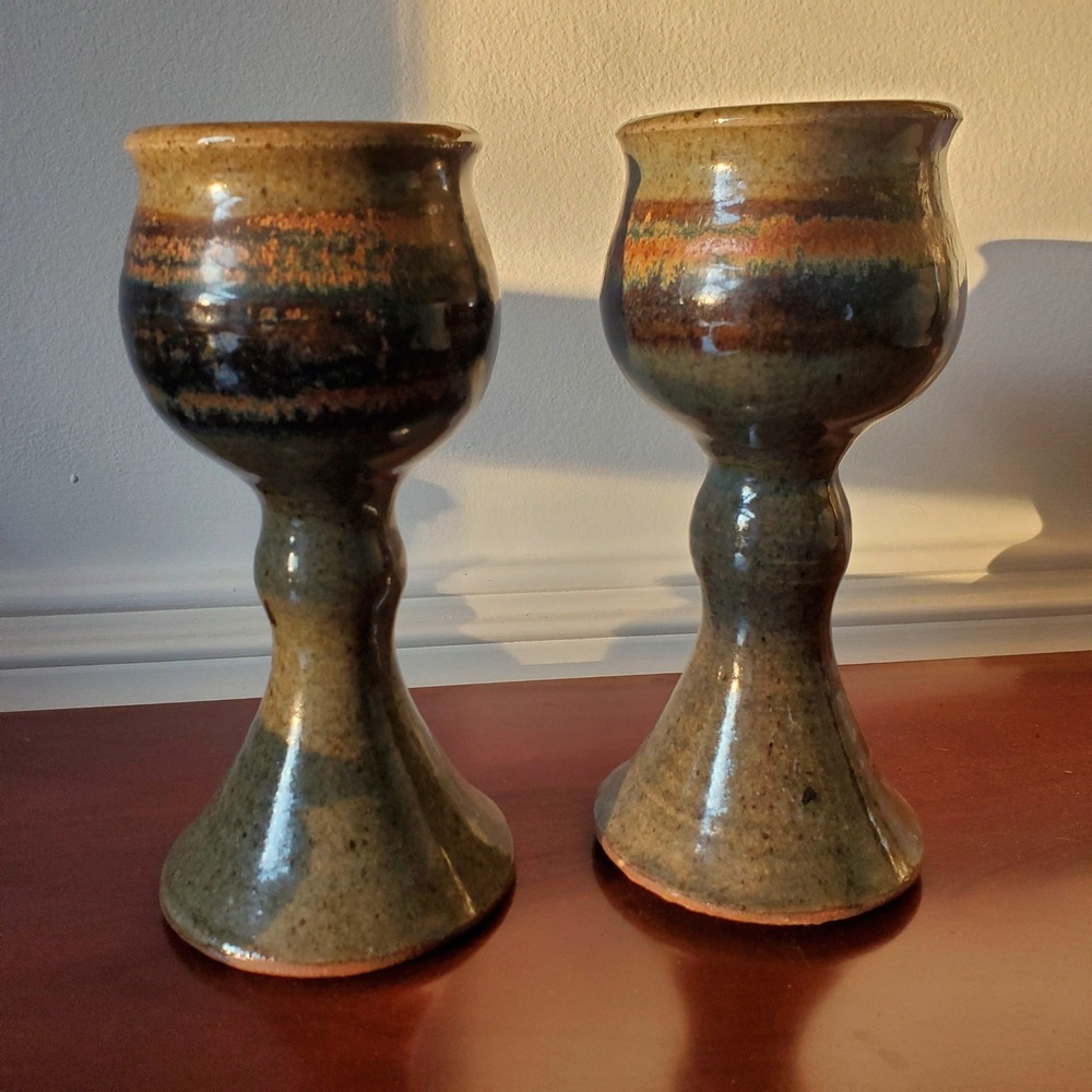 Signed Studio Pottery Goblets Set of 2 Earth Tone Glaze Wedding Toast Chalices